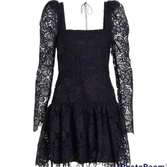 Monique Lhuillier Blue Crochet Lace Organza Long Sleeve Mini Dress - Picture 2 of 11